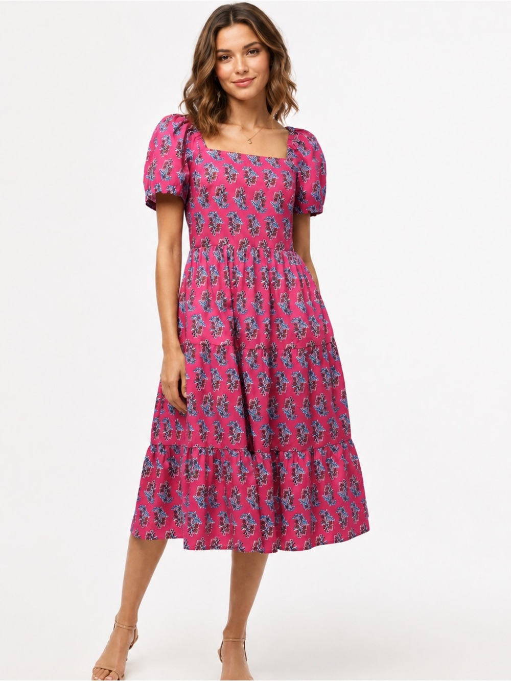 J.Crew Pink Floral Puff Sleeve Smocked Midi Dress Cotton Size 4 Cottagecore